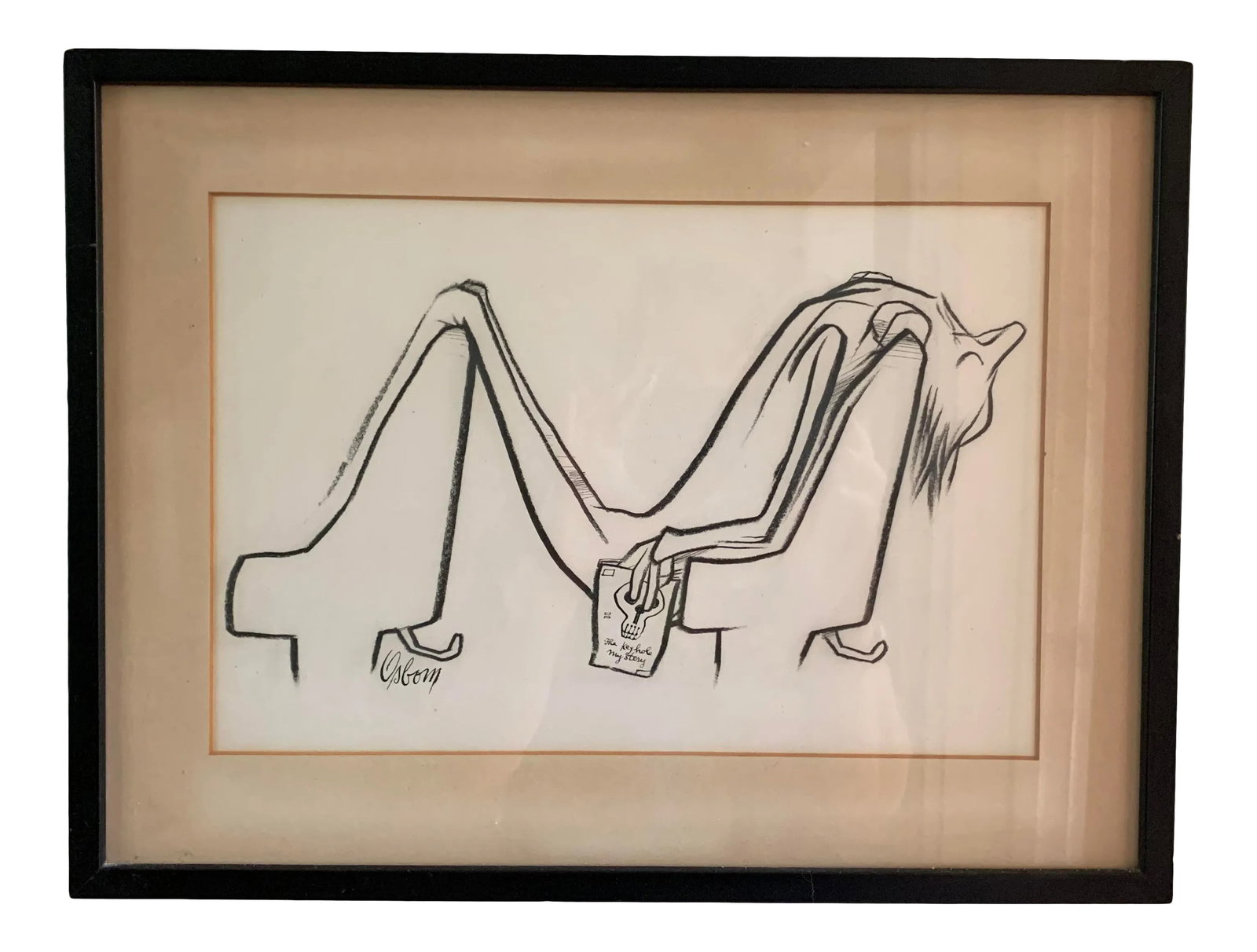 1960s "Man Sleeping in Chair" Abstract Drawing by Robert Osborn, Framed: A fine grease pencil drawing by Robert Osborn (1904-1994), master cartoonist. Originals by the artist are rare. Original matted and framed in simple black wood frame. Circa 1965. Art drawing is in exc