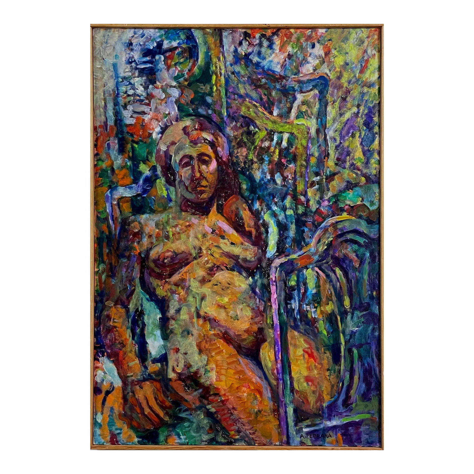 Anthony A. Ferrara - Expressionist "Nude With Chairs", Signed (1998, Oil on Canvas): Anthony A. Ferrara -Expressionist "Nude With Chairs", Signed (1998, Oil on Canvas). Expressionist Figurative Nude Oil on Canvas. Signed in the lower right corner. Framed. In very good condition with