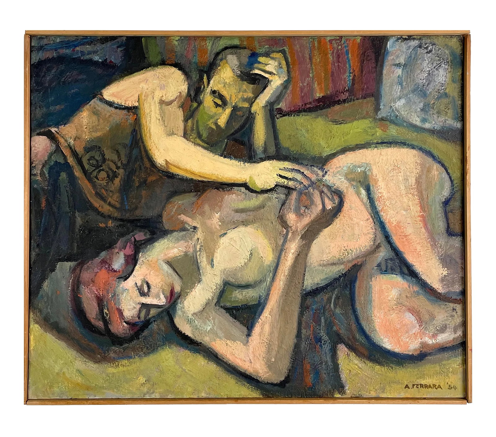 1954 Vintage Modernist Clothed Male Reclining Female Nude by Anthony A. Ferrara, Signed (Oil on Canv (1 of 7)