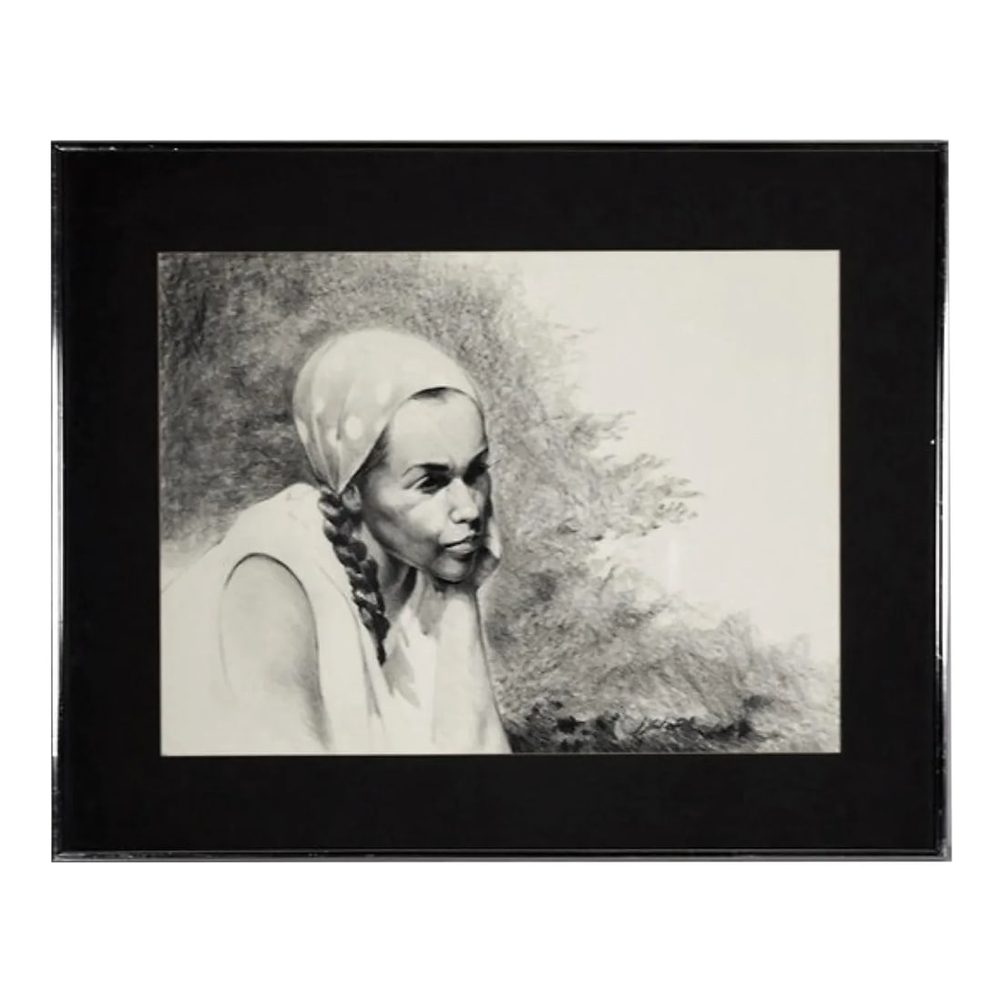 1990s Gilbert Young Original Signed Graphite Drawing of a Woman, Framed: Original Gilbert Young signed graphite drawing on paper titled "Reflections" date unknown. The drawing skillfully illustrates a young lady wearing a playful polka dotted scarf and a braided pigtail