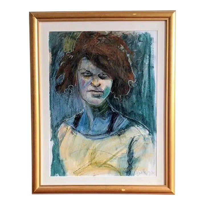 Contemporary Impressionist Portrait Pastel Drawing on Paper, Framed: An original work on paper by German artist Bettina Duesberg acquired from the artist's studio in Berlin in 2015. Hand-signed and dated. Custom gilded frame, acid-free mat, acrylic glazing with UV