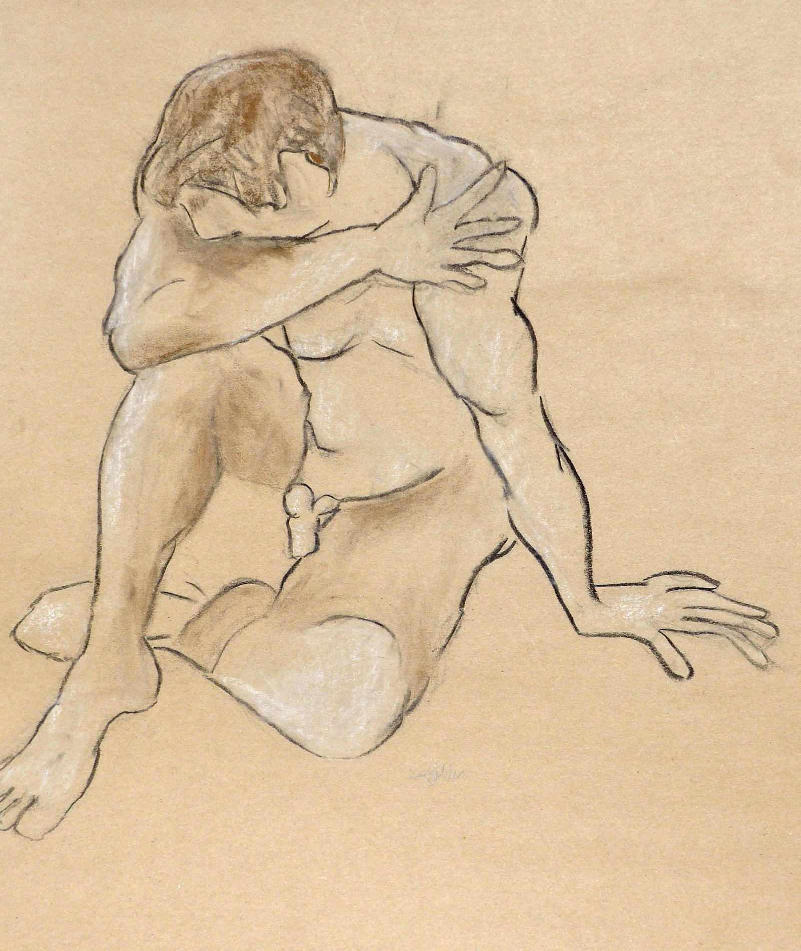 "Contemplation of a Man" Figurative Contemporary Nude Drawing by Artist Martha Holden: A pensive man contemplating many thoughts. Charcoal and pastel on brown paper drawing by artist Martha Holden. One of her favorite subjects is the human form, especially in movement.. Created in an at