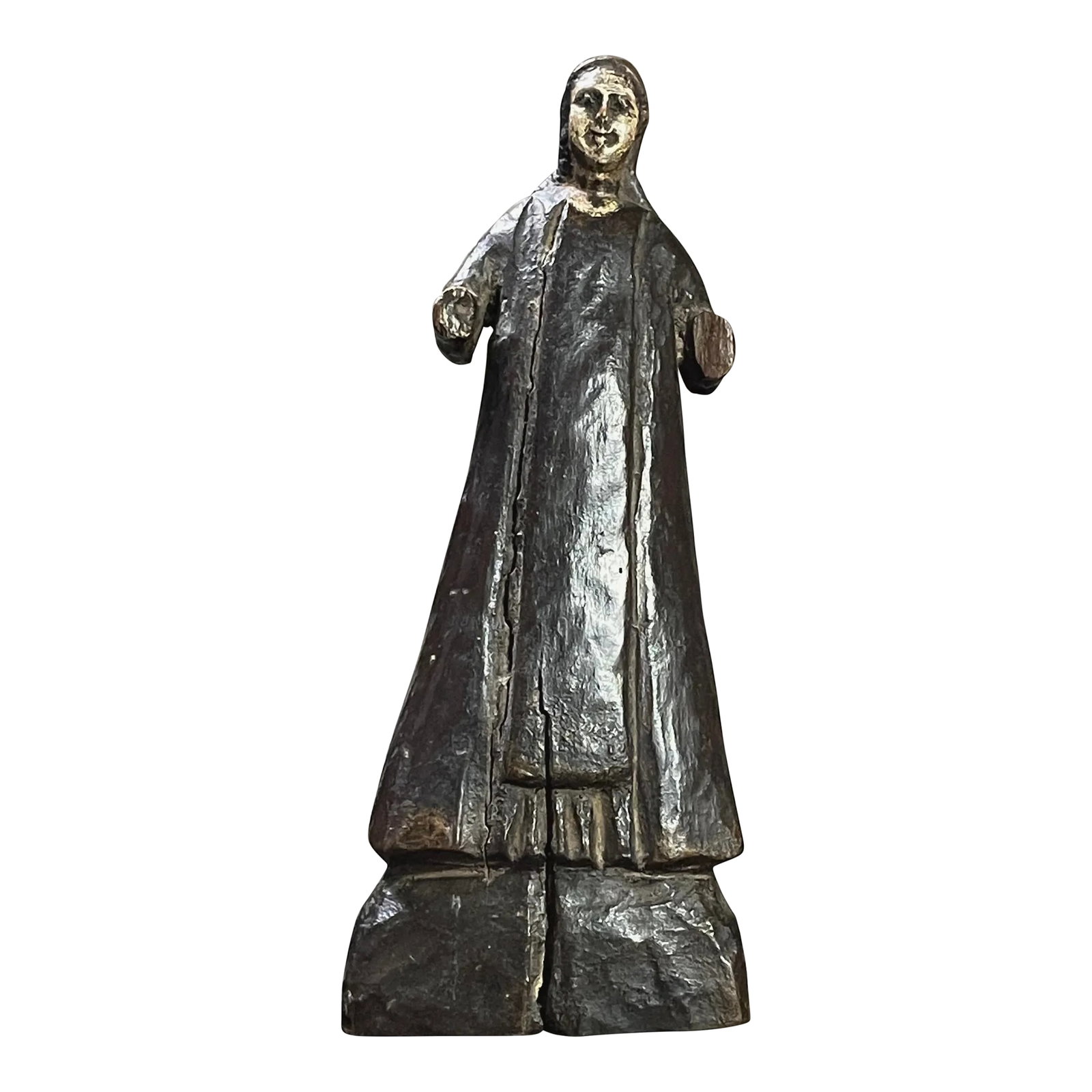 18th/19th Century Spanish Hand Carved Polychrome Santo Sculpture: Antique Spanish Hand Carved Polychrome Santo Sculpture (18th-19th Century). Carved wood saint on a plinth. At this point most of the paint has been worn away in most areas. Obvious signs of age. In
