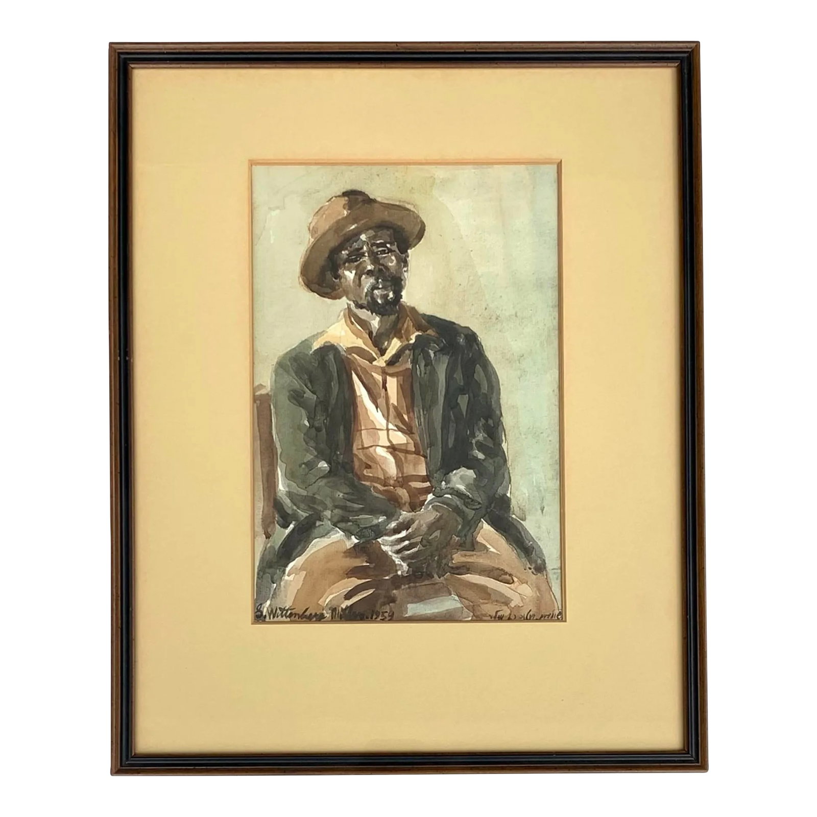 1959 Mid-Century Portrait Painting of a Black Man in Hat: Excellent Mid-Century watercolor portrait painting dated 1959 of an American black man. Signed by the artist, though we can not fully read the handwriting that is seen at both lower left and lower