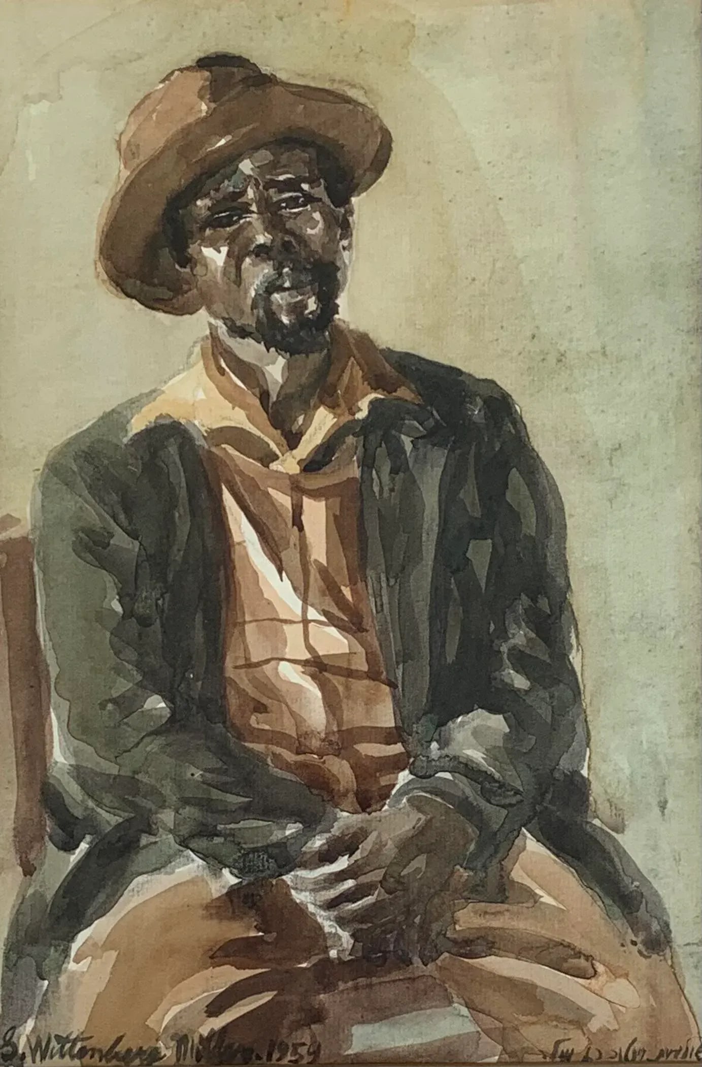 1959 Mid-Century Portrait Painting of a Black Man in Hat - 2