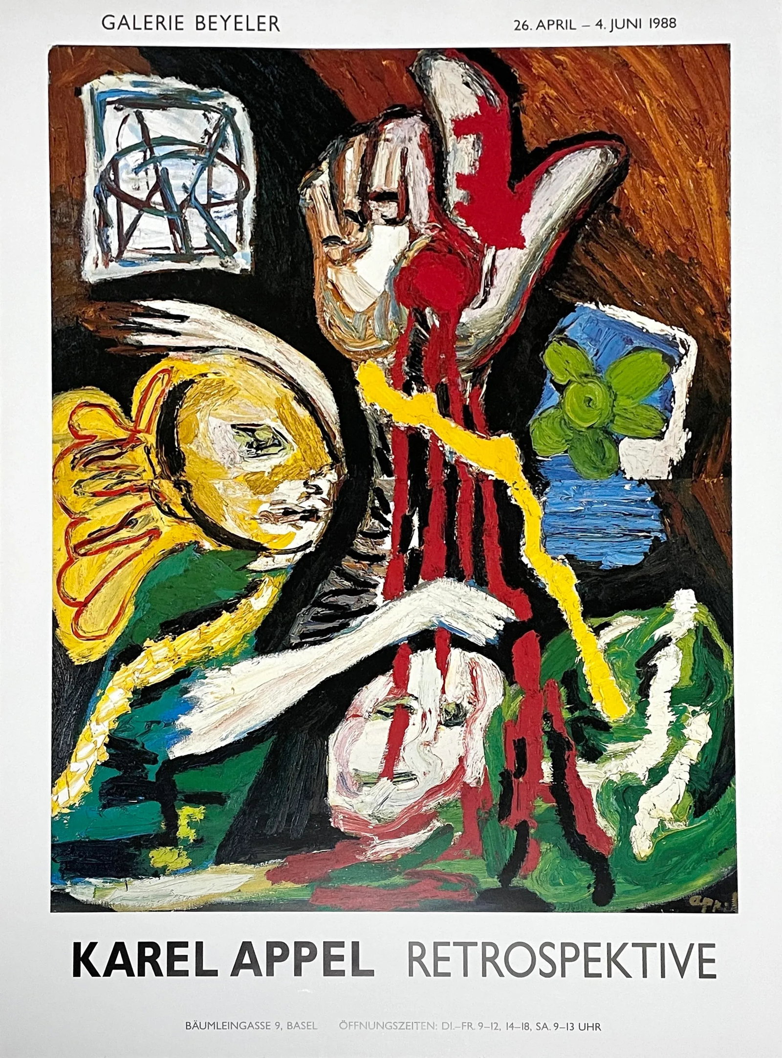 Vintage 1988 Karel Appel Retrospektive Exhibition Lithograph Poster: Vintage 1988 Karel Appel Retrospektive Exhibition Lithograph Poster. 1988 Retrospective exhibition at Galerie Beyler. The painting featured is The Bleeding Hand of the People from 1986. Printed on