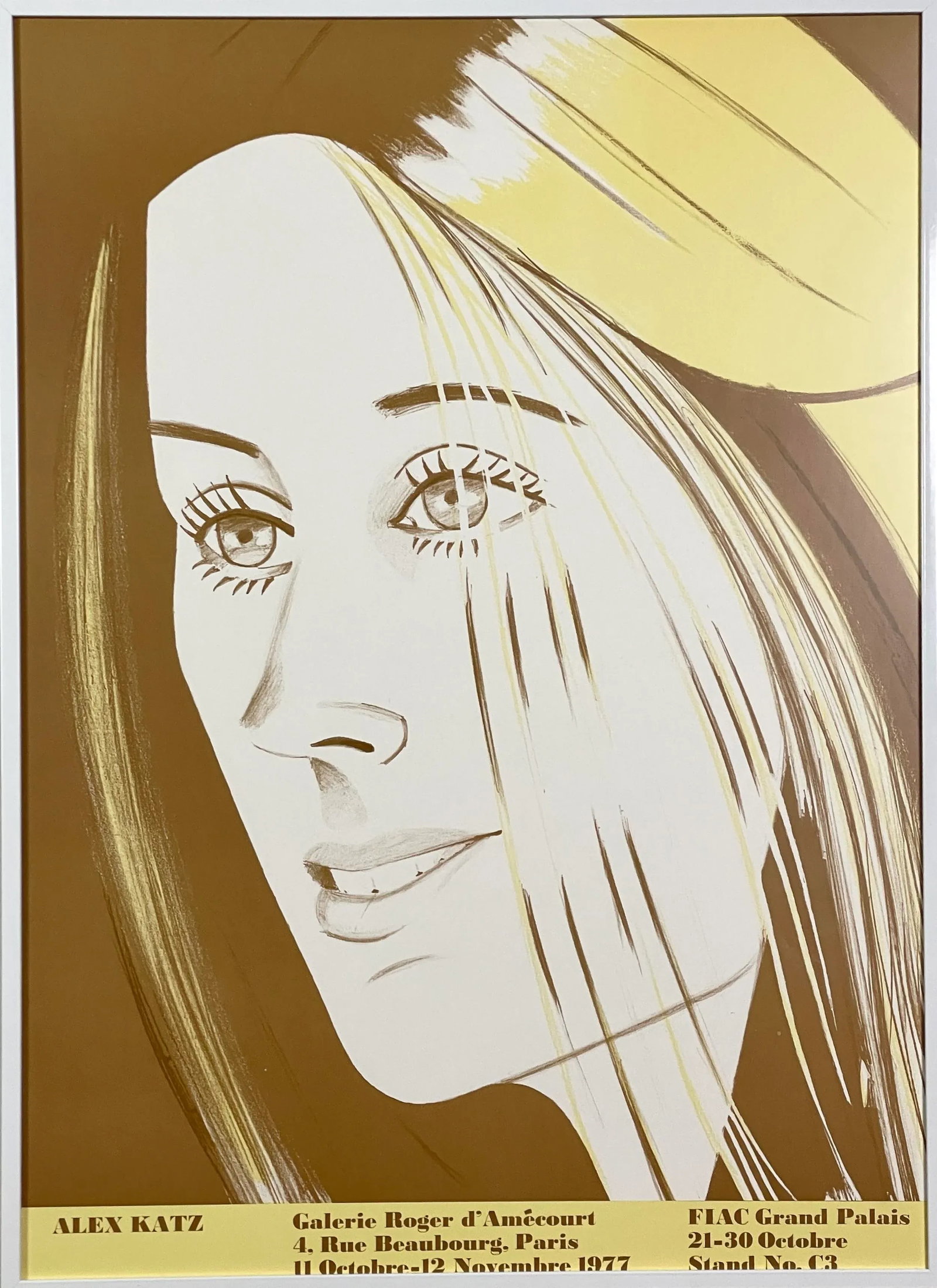 1977 Original Alex Katz Galerie Roger D'Amecourt Paris Exhibition Print, Framed: Vintage Original Alex Katz 1977 Galerie Roger D'Amecourt Paris Exhibition Print, Framed. Housed in a new white metal frame under non glare acrylic glass. Frame is new. Print is in excellent condition