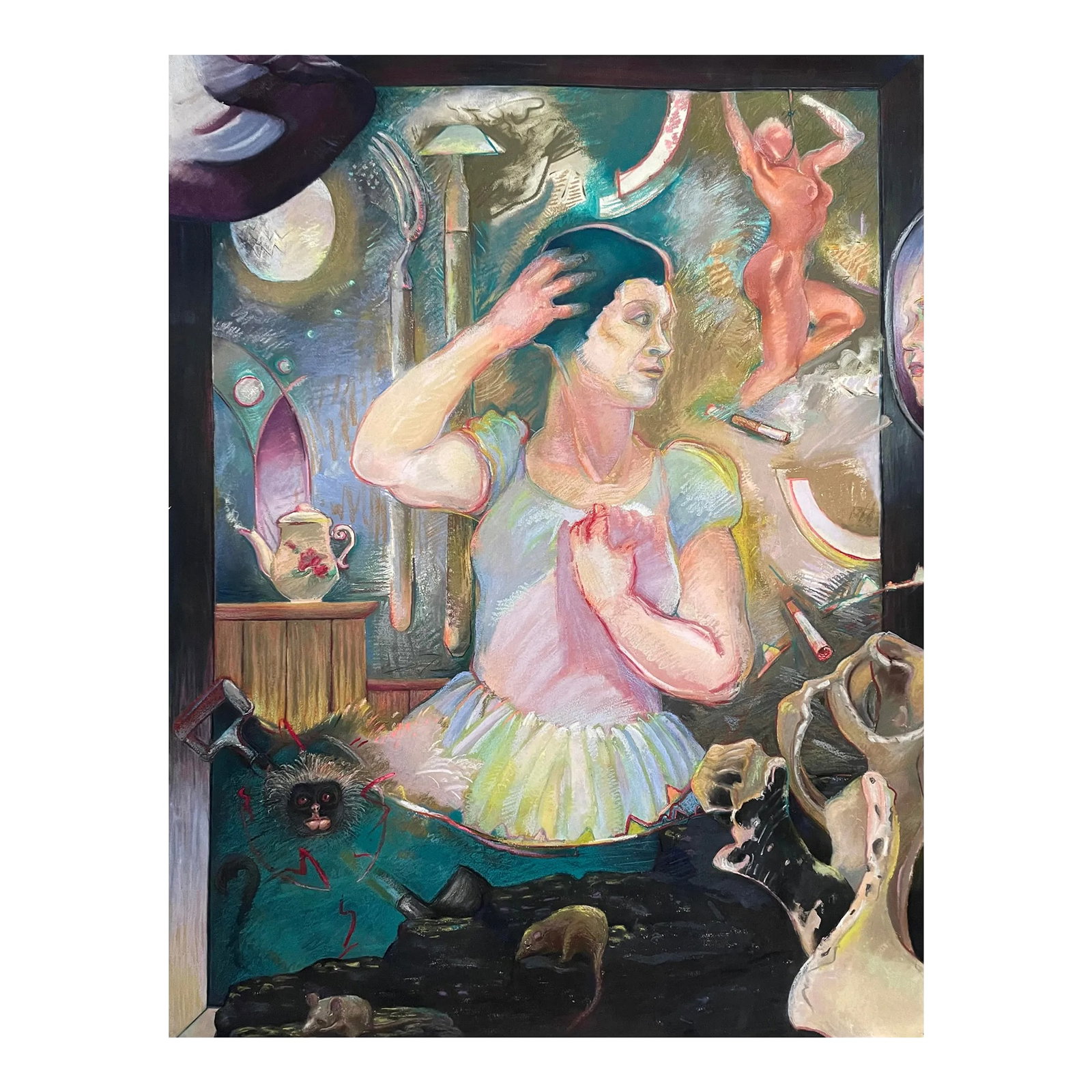 Vintage Large Surrealist Figurative Pastel Drawing on Paper by Kathy Harris (Ca. 1980): Vintage Large Surrealist Figurative Pastel Drawing on Paper by Kathy Harris (Ca. 1980). Pastel drawing of ballerina with nymph, rat, and monkey. A dream state drawing with pitchfork and hoe behind the