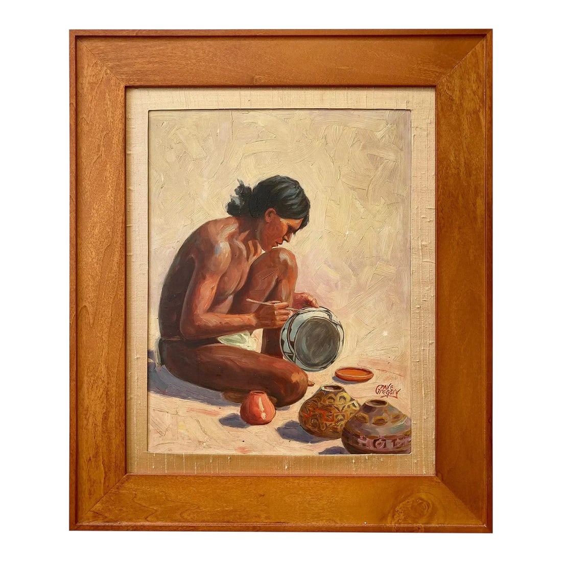 Late 20th Century Portrait Oil Painting of a Young Native American Potter by David Gregory, Framed: David Gregory was born in Canton, Illinois, in 1947. He began his art training while studying architecture at the University of Illinois, but an exhibit of landscape paintings by art professor Billy