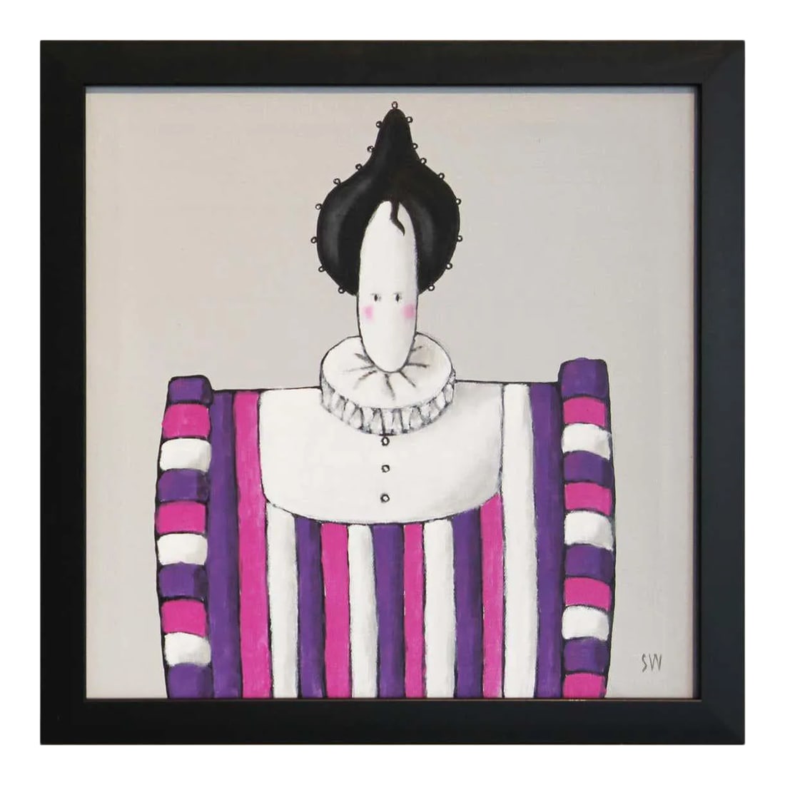 2021 "Mme. Violette" Abstract Aristocratic Figure Painting by Scott Woodard, Framed: Pink, purple, and grey surrealist figurative portrait painting by contemporary Houston artist Scott Woodard. The work features an abstract male figure wearing an aristocratic suit with an exaggerated