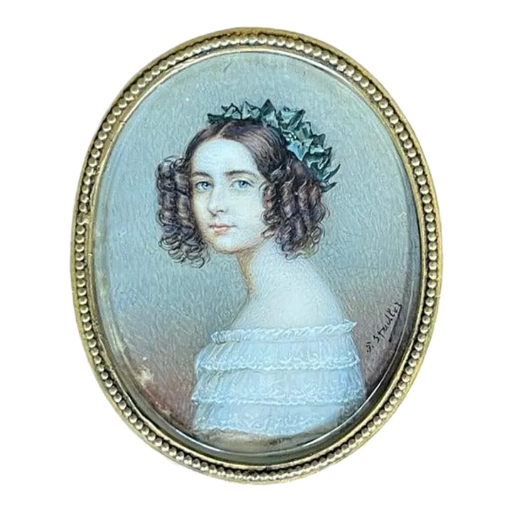 Antique Portrait Miniature Painting of Princess Alexandra V. Bayern, Framed: Portrait miniature of Princess Alexandra V. Bayern in a bronze frame, by Joseph Karl Stieler, Germany (1781-1858), signed on the front, titled, and signed again on the back. Finely detailed. 3 1/4 "