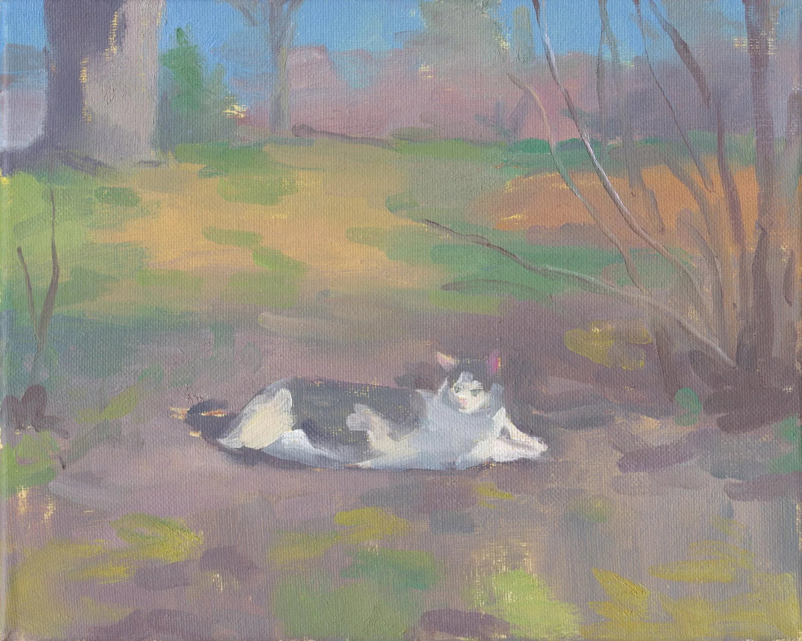 Gray and White Cat Oil Painting by Michelle Farro: Cats and their playful nature are a perpetual inspiration for me- "Playing in the Leaves" is an original oil painting on canvas. This is my favorite size painting to work on. The canvases hold an