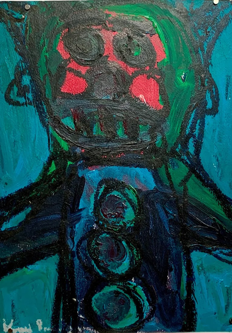 "Red Cheeks" C 2000 Outsider Artist Abstract Figure Painting (1 of 10)