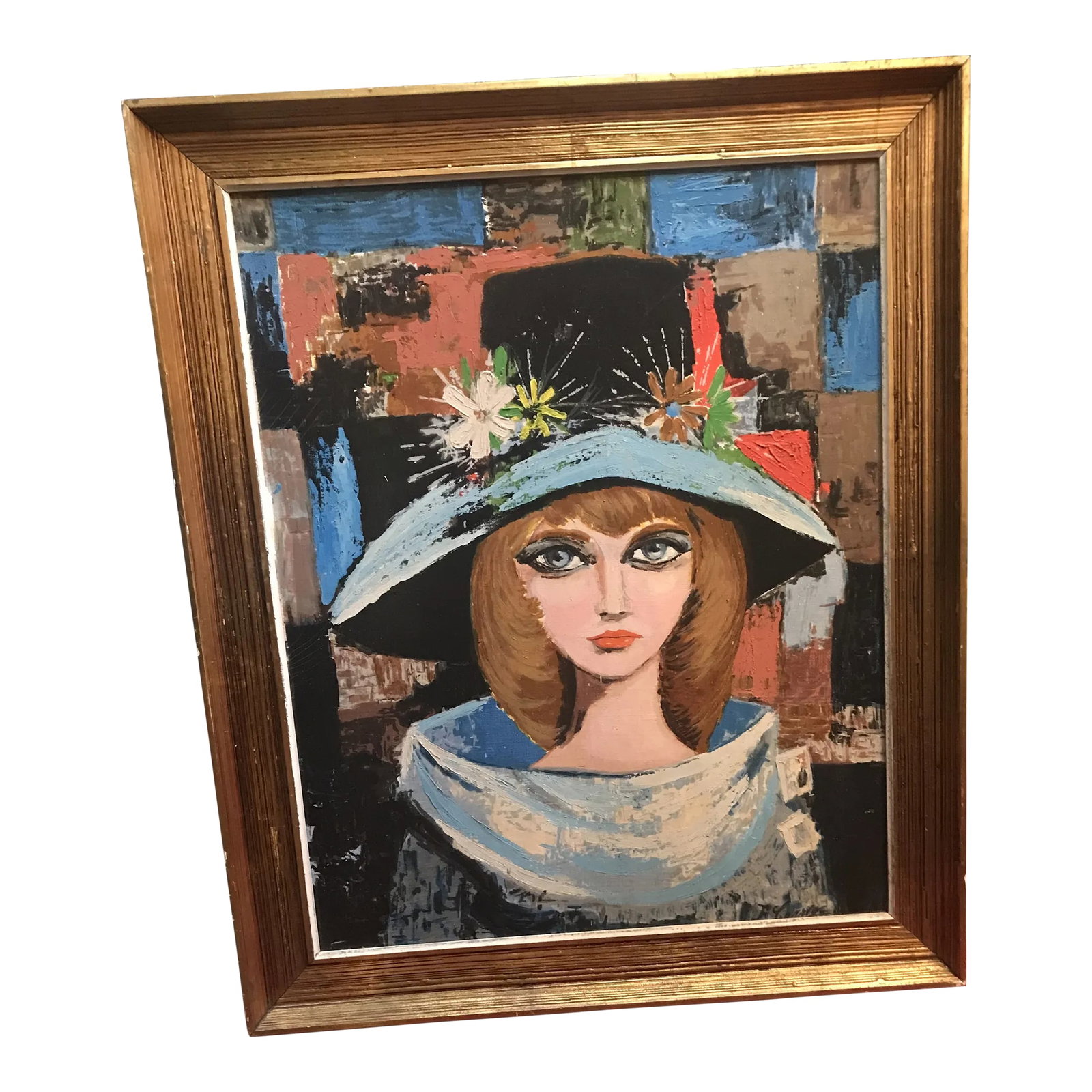 Mid 20th Century Expressionist Portrait Oil Painting of a Woman Wearing a Hat, Framed: Vintage oil painting beautiful colors please see photos for specifics without the frame is around 24" by 32" Condition: Alterations: Original Condition Unaltered Imperfections: Some Imperfections Cond