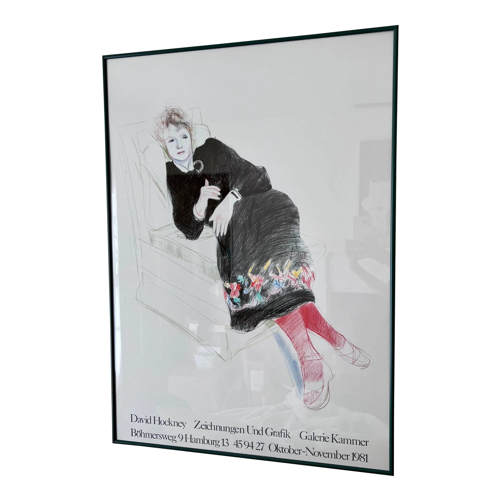 1981 Galerie Kammer David Hockney Exhibition Poster, Framed: Original vintage David Hockney poster via 1981. Portrait of Celia In A Black Dress With Colored Border" by David Hockney, 1981 Unsigned Lithograph. Paper size is 35 x 25 inches, with an image size of 