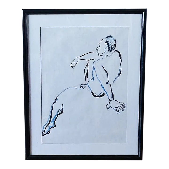 Mid-Century Ink and Pastel Figural Portrait Sketch in Blue and Pink, Framed: Mid-Century Ink and Pastel Figural Portrait Sketch in Blue and Pink, Framed in Black Gallery Style curved wood Frame with Matte. Measures approx 23 x 29 Please visit my other listings for more