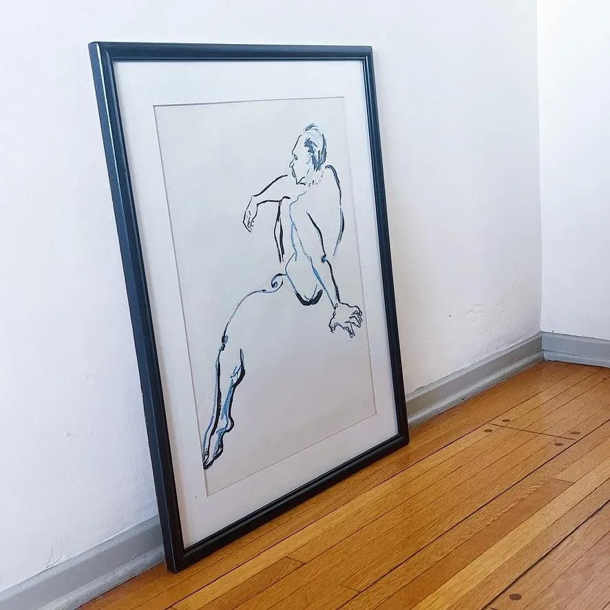 Mid-Century Ink and Pastel Figural Portrait Sketch in Blue and Pink, Framed - 2