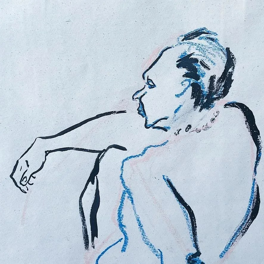 Mid-Century Ink and Pastel Figural Portrait Sketch in Blue and Pink, Framed - 3