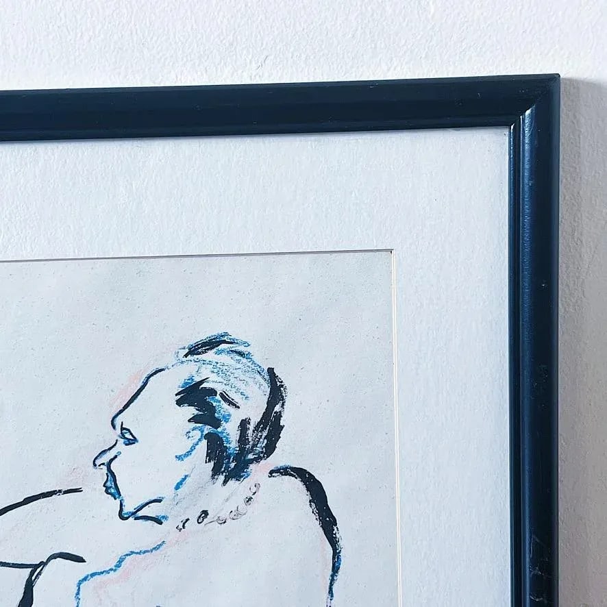 Mid-Century Ink and Pastel Figural Portrait Sketch in Blue and Pink, Framed - 4