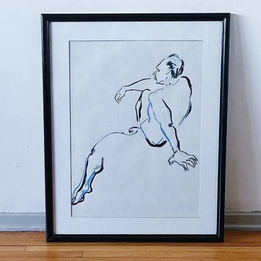 Mid-Century Ink and Pastel Figural Portrait Sketch in Blue and Pink, Framed - 6