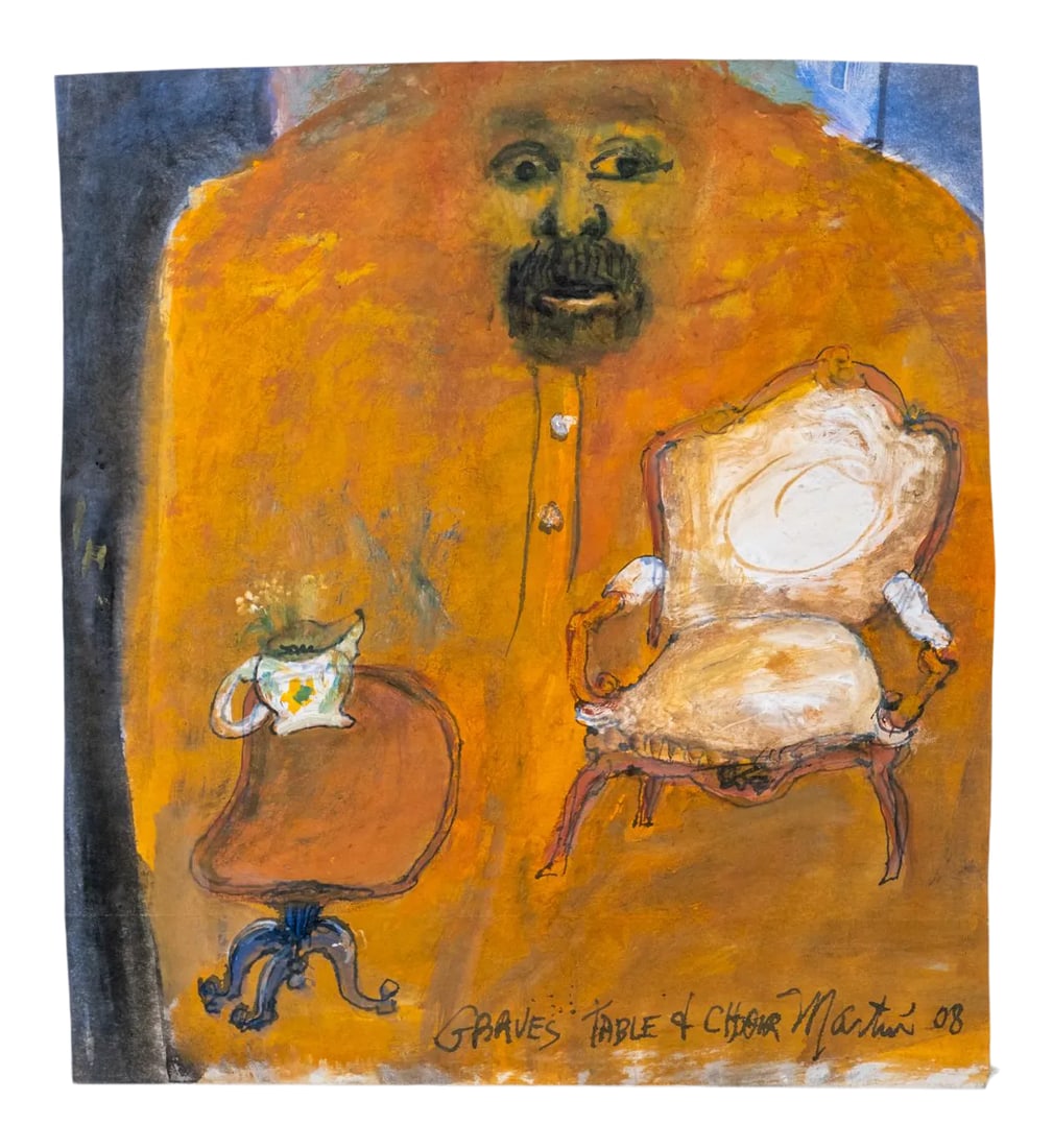 "Graves Table & Chair" Contemporary Surrealist Style Figurative Gouache Painting by James Martin: Foster/White Gallery who represents the late Martin describes his work as follows. James Martin's artwork is as loquacious as the artist himself. Working primarily with gouache on brown paper, and
