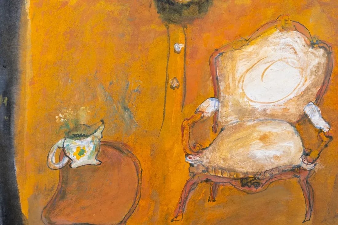 "Graves Table & Chair" Contemporary Surrealist Style Figurative Gouache Painting by James Martin - 3