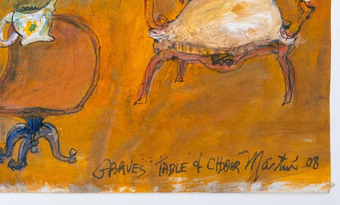 "Graves Table & Chair" Contemporary Surrealist Style Figurative Gouache Painting by James Martin - 4