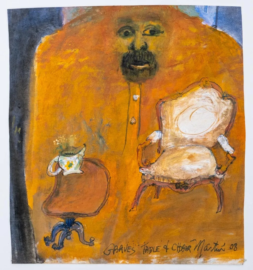 "Graves Table & Chair" Contemporary Surrealist Style Figurative Gouache Painting by James Martin - 8