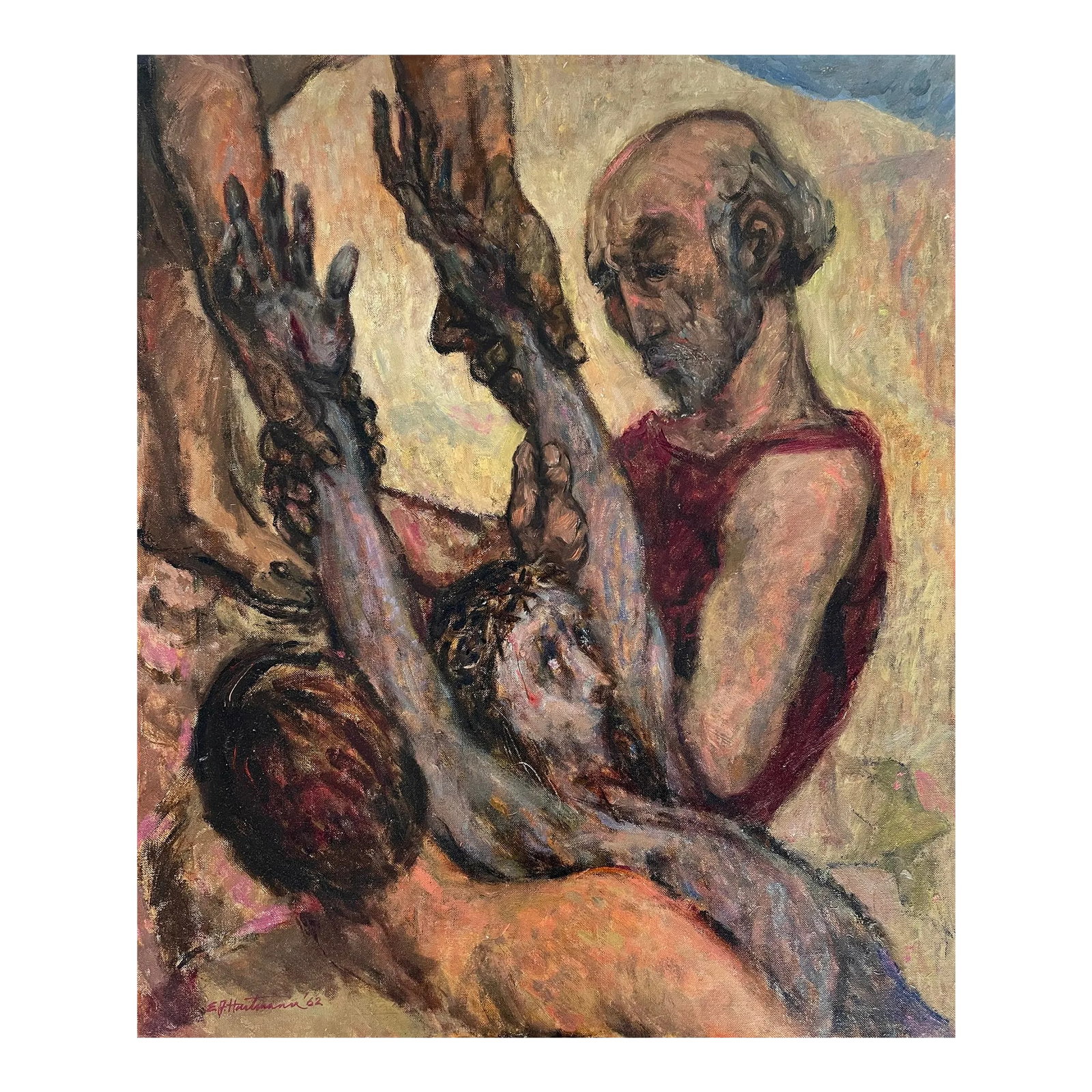 1962 Vintage Expressionist Stations of the Cross by Ej Hartmann, Signed (Oil on Canvas Board): E.J. Hartmann (American, b. 1925) - Expressionist Stations of the Cross, Signed (1962, Oil on Canvas Board). Expressionist figurative portrait of Jesus on the cross. Signed and dated in the lower left