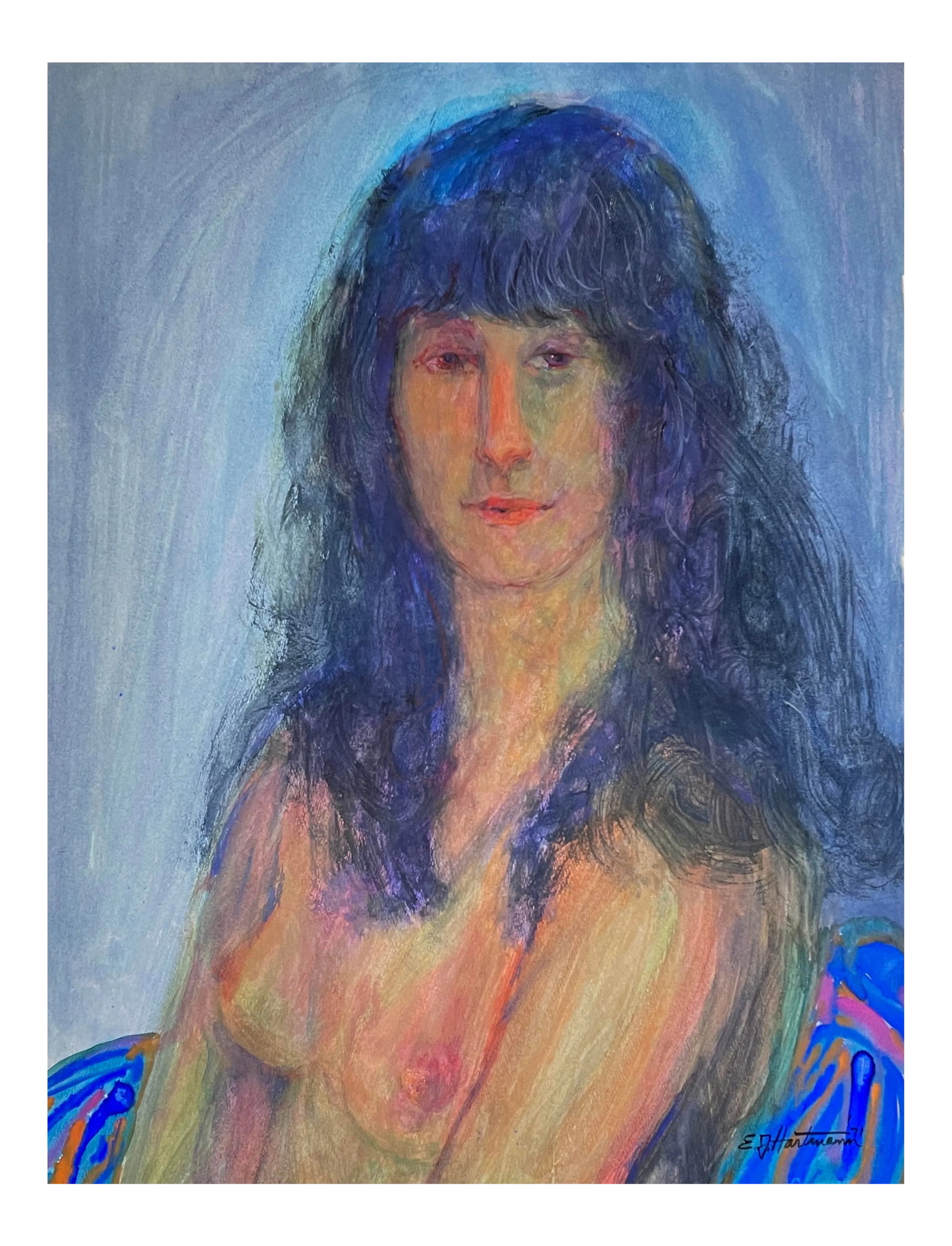 1971 Outsider Expressionist Portrait by e.j. Hartmann, Signed (Acrylic on Paper): E.J. Hartmann (American, b. 1925) - Untitled Expressionist Portrait, Signed (1971, Acrylic on Paper). Modernist portrait of seated female. Signed and dated in the lower right corner. In good condition