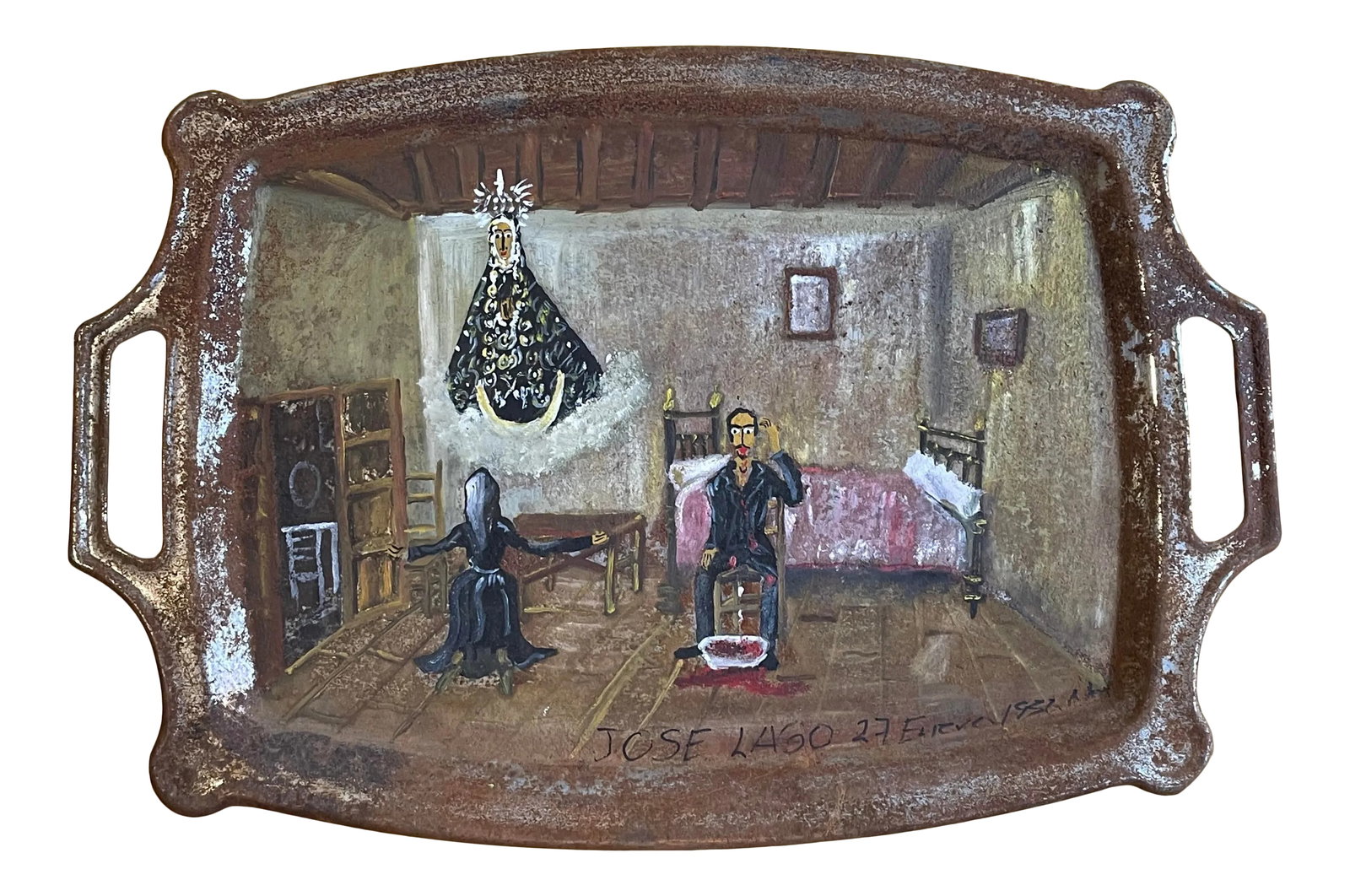 Vintage Mexican Folk Art Retablo on Silver Tray by Jose Lago, Signed (1951, Oil on Metal) (1 of 7)