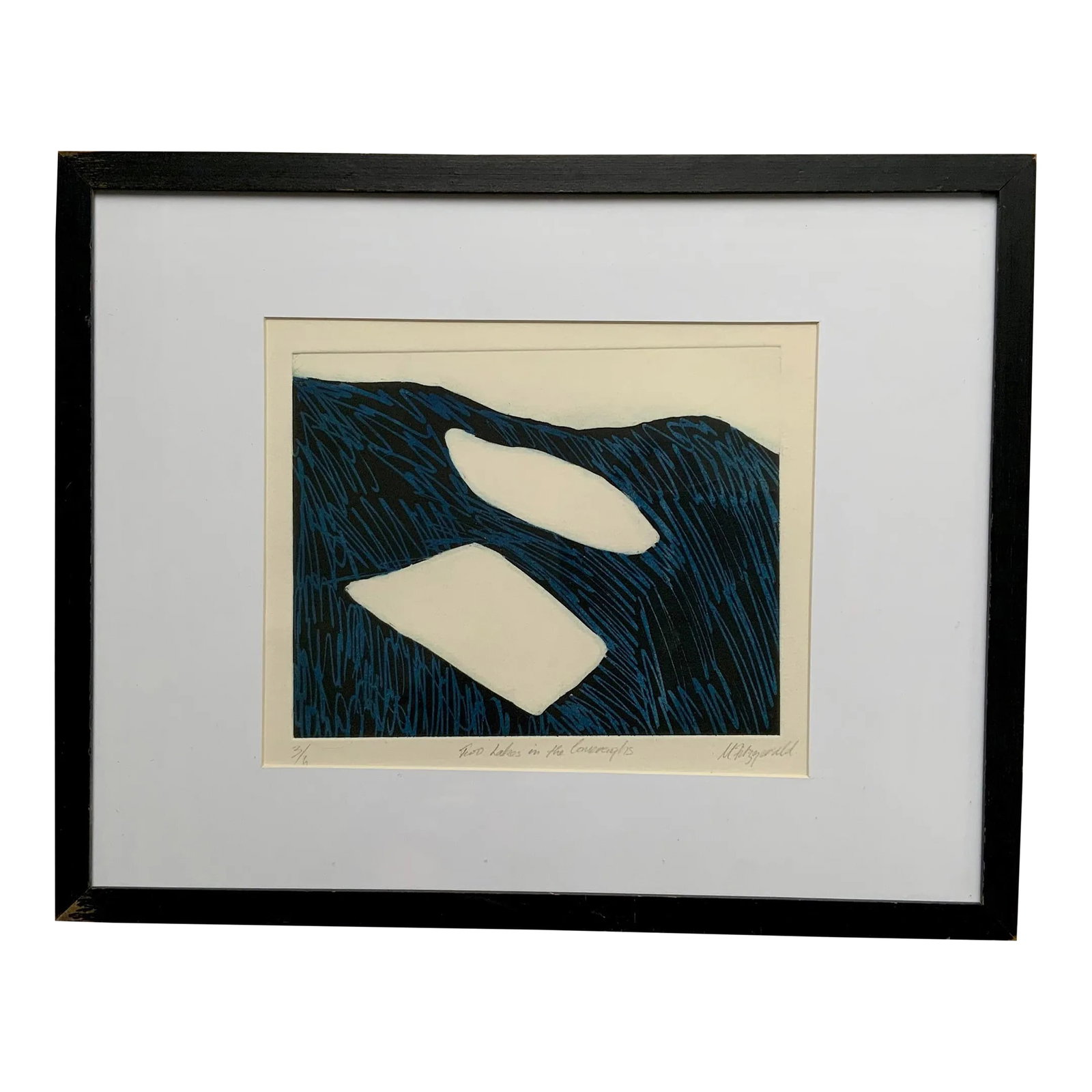 "Two Lakes in Comeraghs" Dry Point Print by Mary Fitzgerald: Limited edition 3/6 carborundum &drypoint print by renown Irish artist Mary Fitzgerald , born 1956, Dublin. Signet, numbered and titled in pencil . Condition: Alterations: Original Condition Unaltered