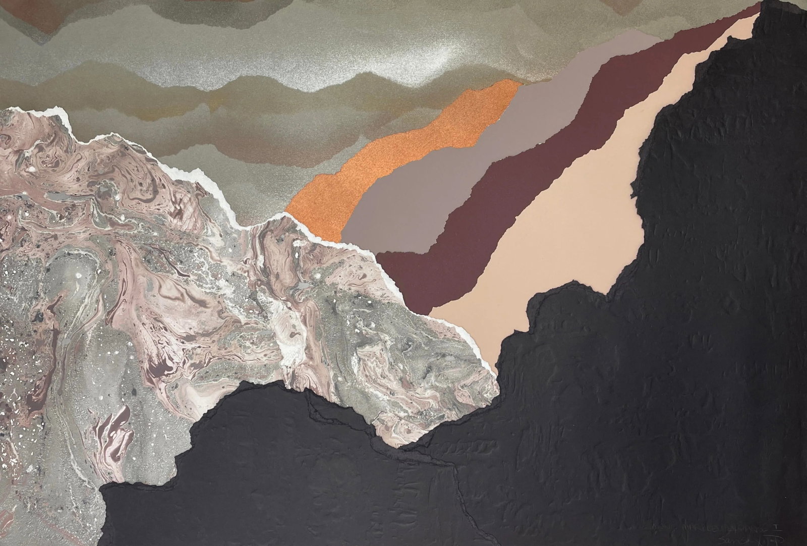 Abstract Marbleized Paper Sculptural Landscape Collage, Signed (Ca. 1980): Abstract Handmade Paper Landscape Collage, Signed (ca. 1980). Each layer is of handmade paper torn and placed on top of each other to form a mountainous landscape. The black paper is a collagraph