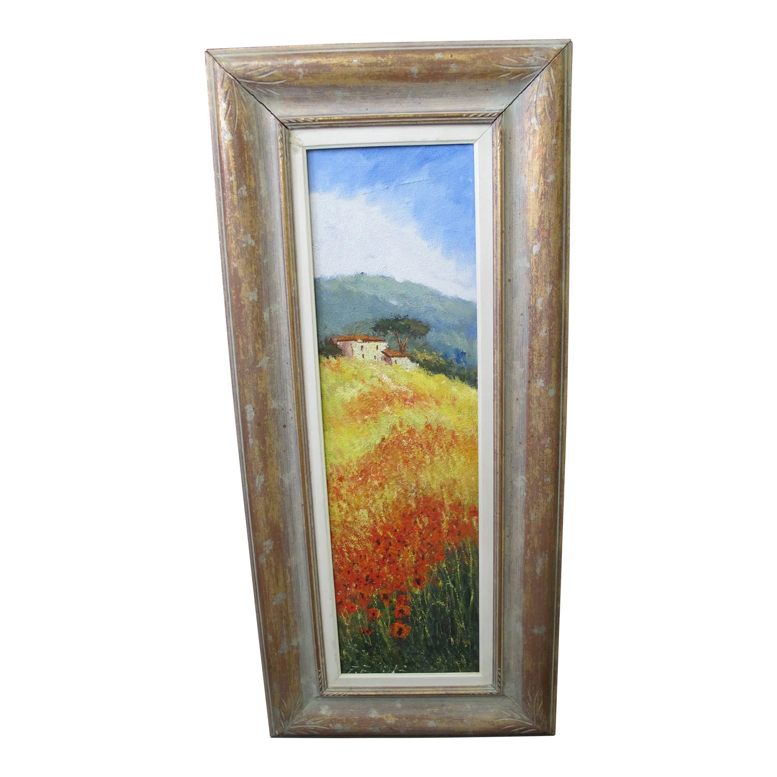 Mid 20th Century Signed Cortona Colorful Landscape Oil Painting: Landscape oil painting, signed at lower left, possibly F F Cortona (artist unknown) and at back. Rustic wood frame with light gilt measures 36" x 16", painting measures 27.5" x 8". Painting is loose