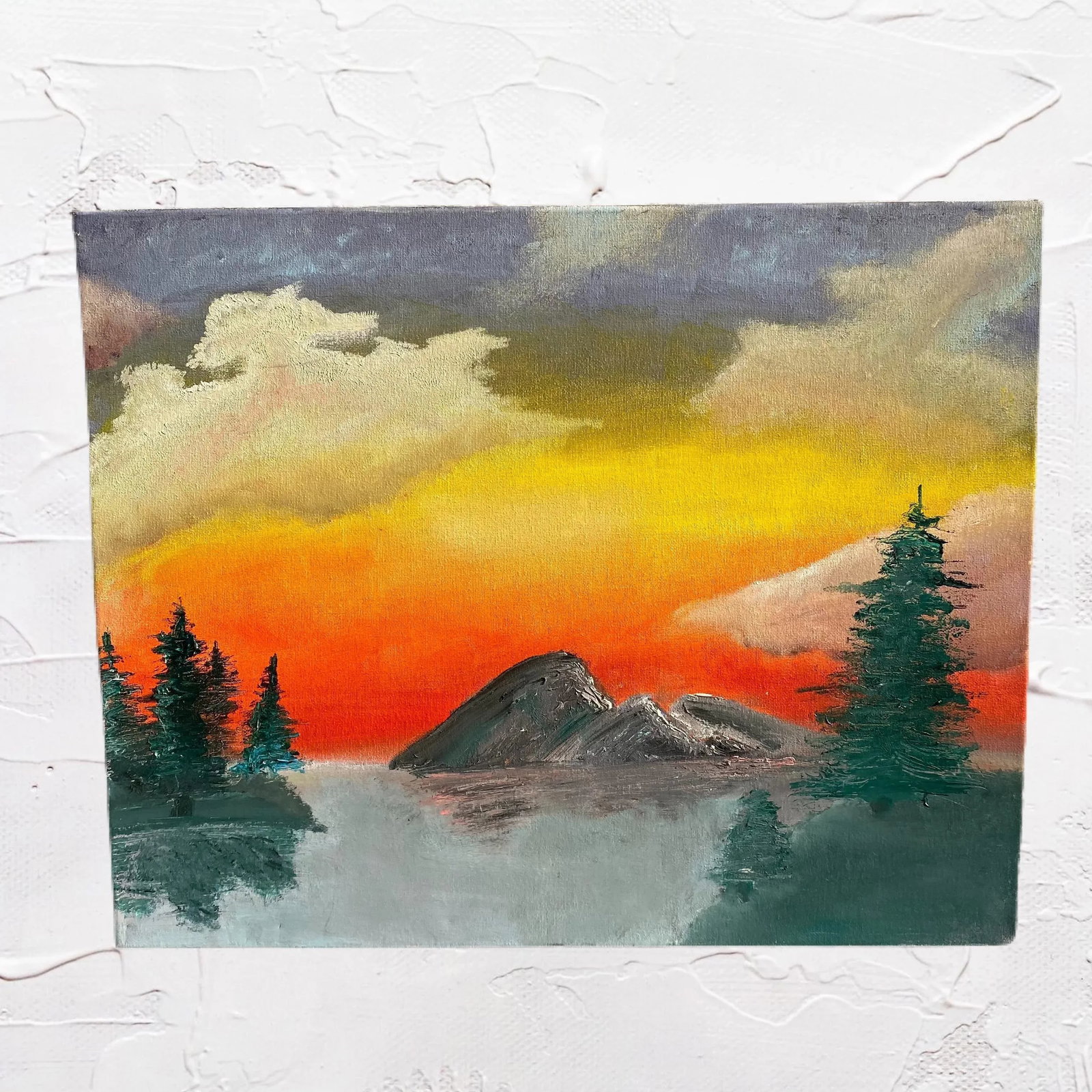 Bob Ross Style Acrylic Sunset Painting Colorful Landscape - 7