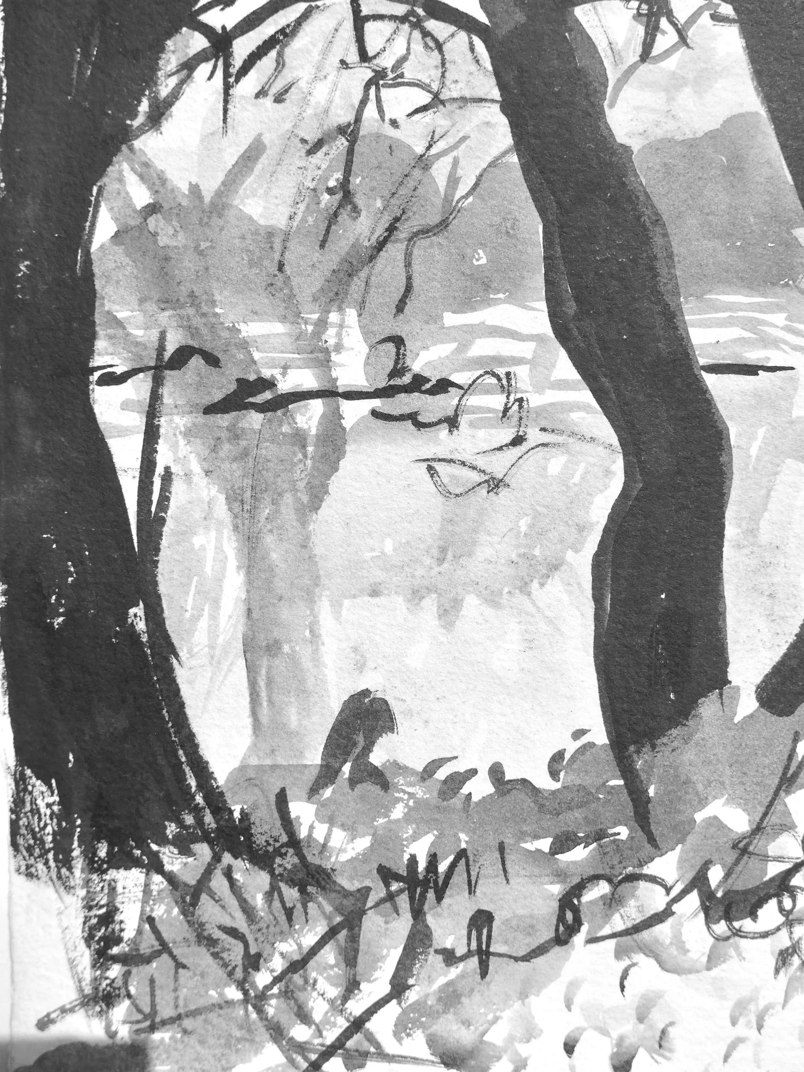 "Fog on the Lake" Contemporary Abstract Landscape Painting by Martha Holden: Free shipping:Original, unique and contemporary ink painting on paper of trees in a lovely lake in France. Artist Martha Holden has a great following in the USA as well as in France.. Signed "Holden"