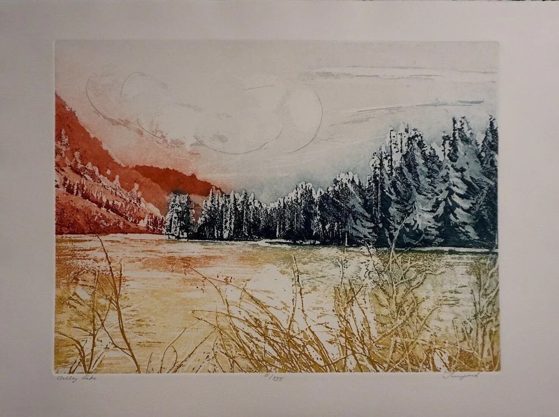 1980s Irmgard Valley Lake Hand Signed Etching in Color: Artist: Irmgard Title: Valley Lake Medium: Etching in Color Signed: Hand Signed Edition: Edition of XXV Measurements: 30" x 22 1/4" Condition: Imperfections: No Imperfections Condition Notes:
