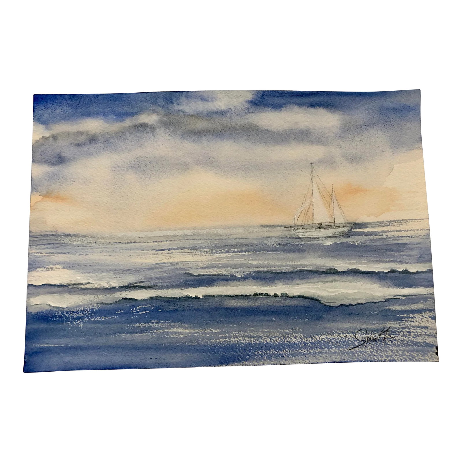 "The Sailor" Contemporary Signed Original Seascape Mixed-Media Painting: Let the waves roll in, the sailor is on his mission. Watercolor painting enhanced with acrylic and graphite. Signed and ready to frame. Nancy Smith studied art at Kalamazoo Institute of Arts, Olivet