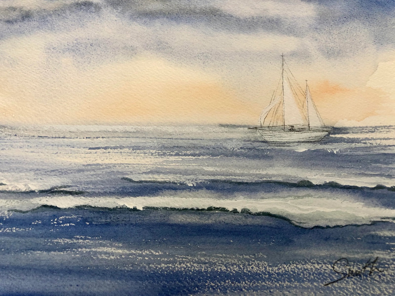 "The Sailor" Contemporary Signed Original Seascape Mixed-Media Painting - 2