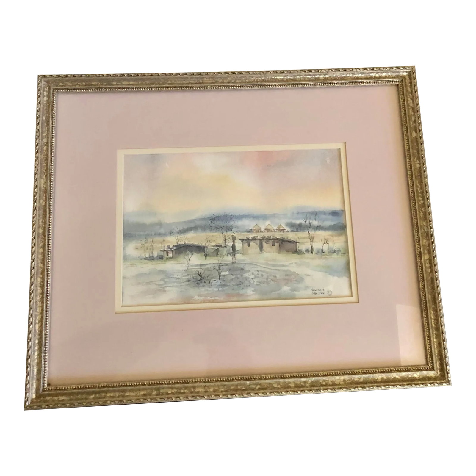 Late 20th Century Landscape Watercolor Signed Painting, Framed: A nice simple landscape painting of a serine/quite community. Can you hear the birds chirping? Can you feel the cold winds/breeze coming from the North making you conscious of the existence of bones