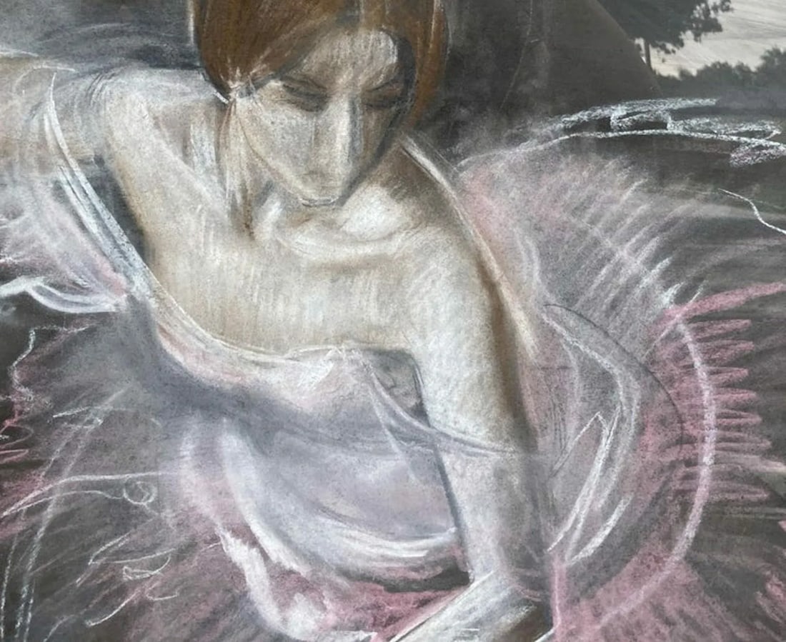 1970s "Ballet Dancer, Rose Variation" Expressionist Ballerina Portrait Pastel Drawing by Valery Koso - 3