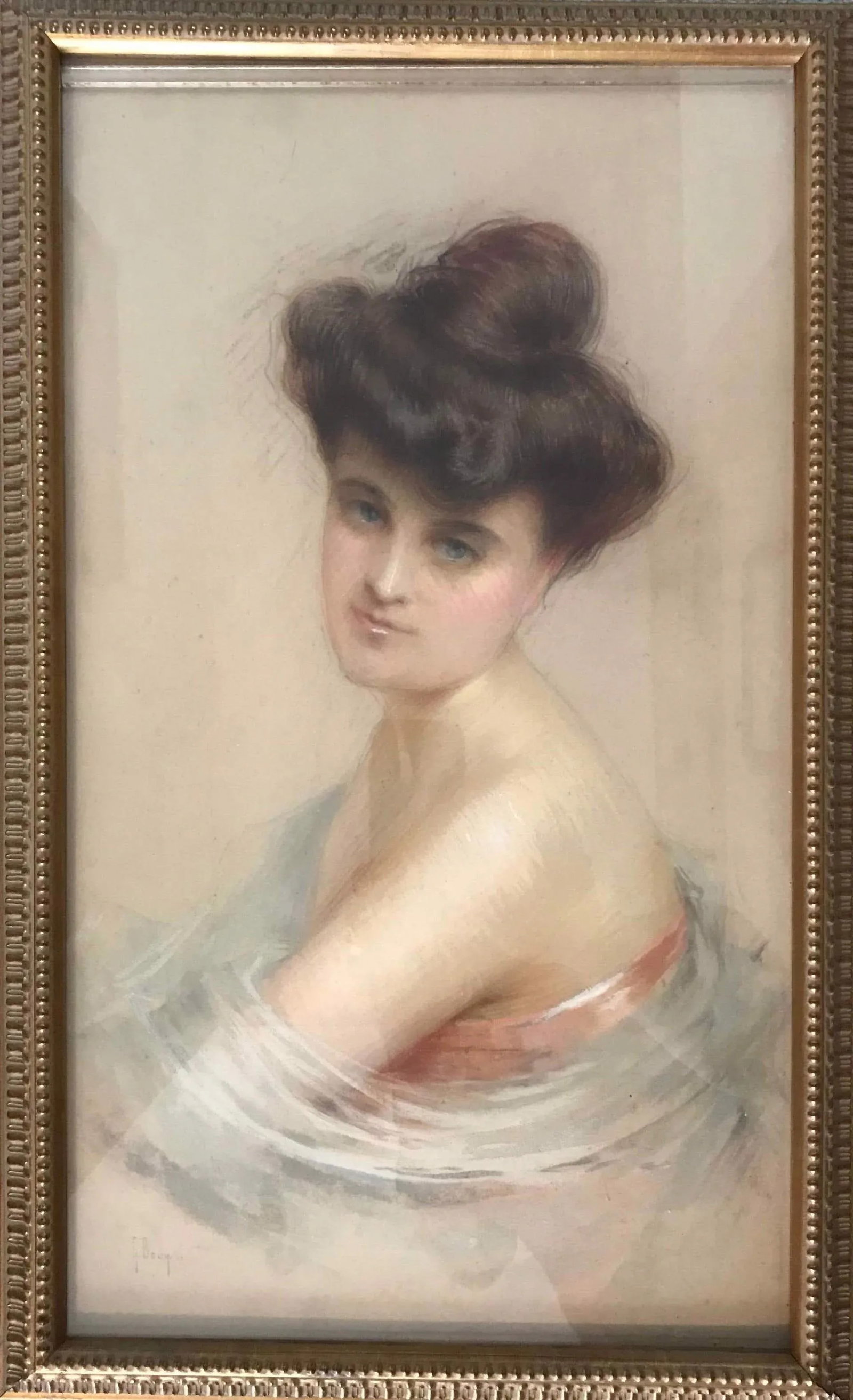 "Demoiselle" - Framed Early 20th Century Pastel Woman Portrait by Gaston Bouy, Framed: I apologize for the reflections on the glass of this exquisite Gaston Bouy pastel drawing. It's in a very nice frame in great condition, and I did not want to disassemble it in order to shoot the