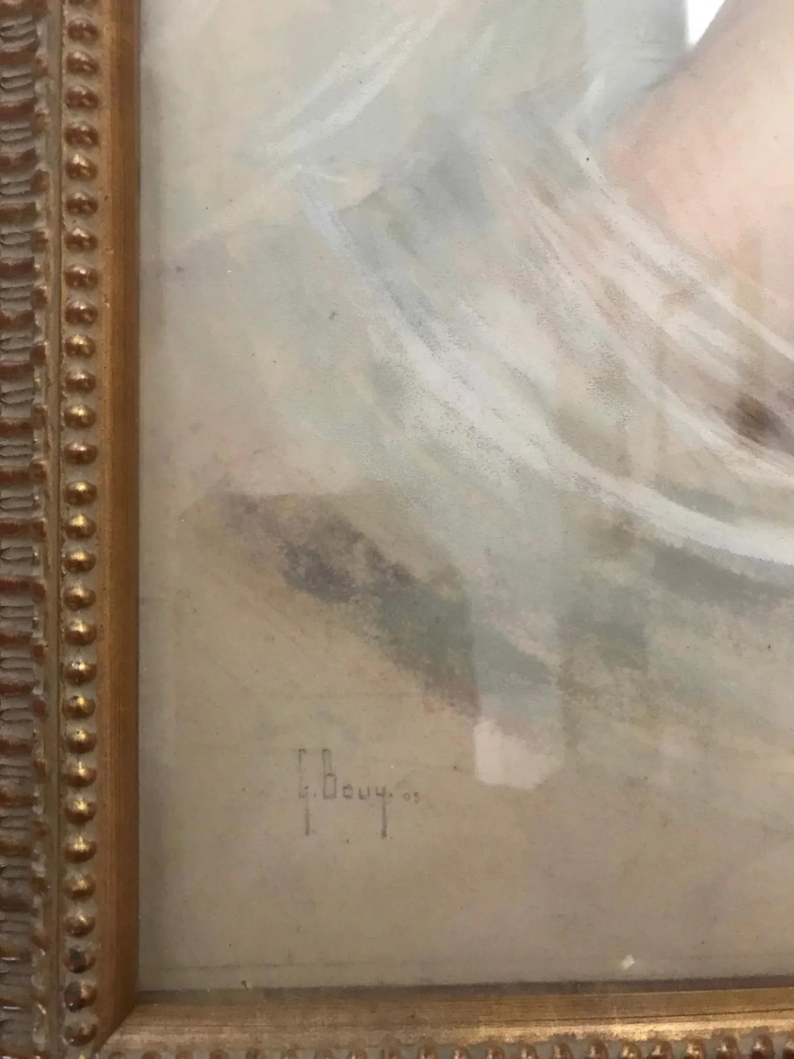 "Demoiselle" - Framed Early 20th Century Pastel Woman Portrait by Gaston Bouy, Framed - 5