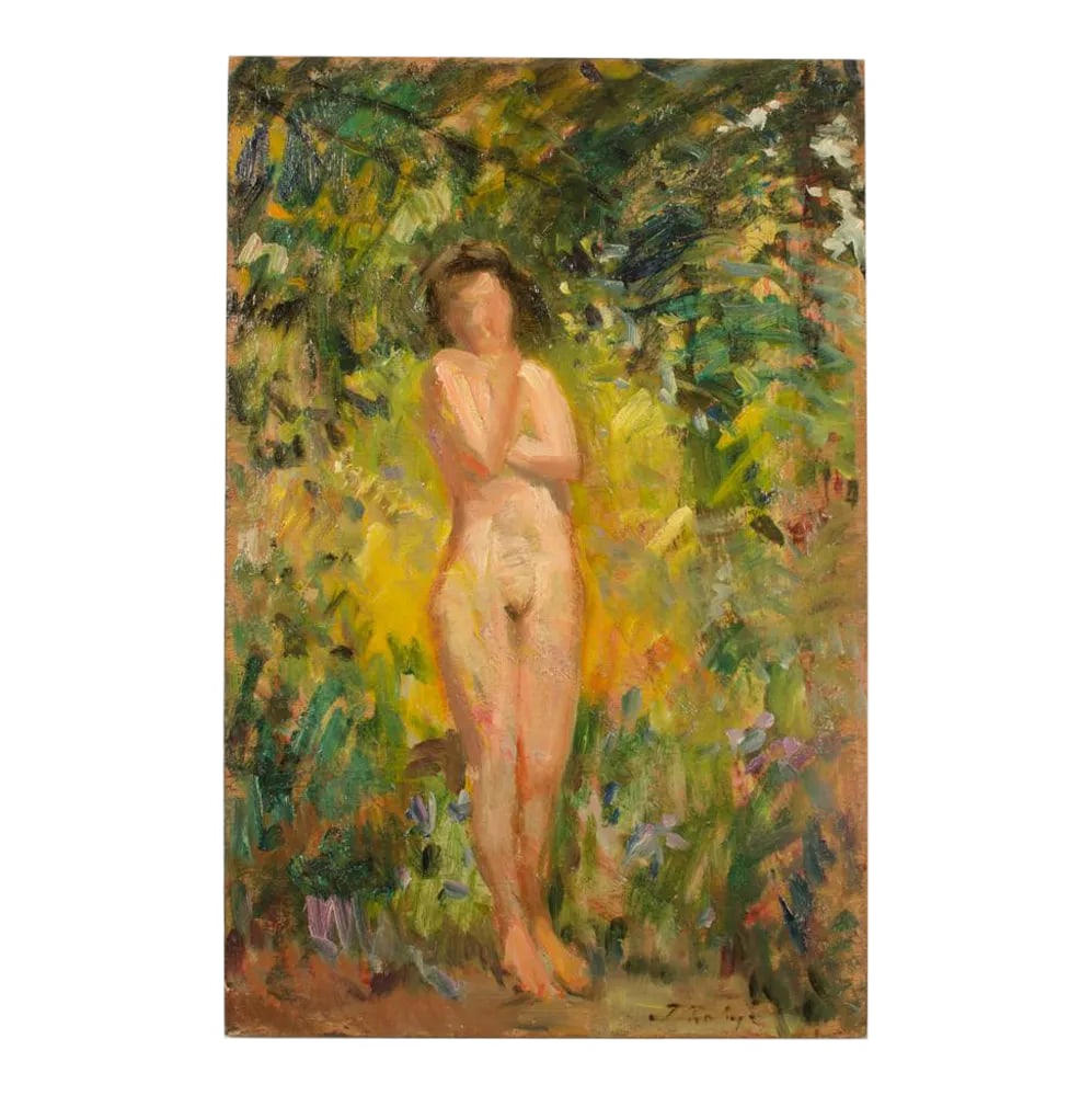 Early 20th Century "Nude in Nature" Expressionist Style Figurative Oil Painting by Jean Chaleye: Jean Chaleye (FRENCH , 1878-1960) Nude In Nature - Oil on Board , signed lower right - Abstract Nude woman standing surrounded by bushes Condition: Alterations: Original Condition Unaltered