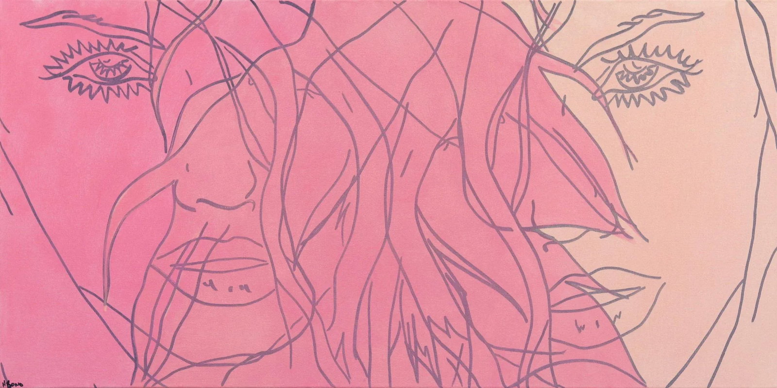 "Untitled (Pink V)" Contemporary Minimalist Figurative Acrylic Painting by Hilary Bond: In bold, acrylic line paintings, US artist Hilary Bond depicts the heads and torsos of women, often repeating the image in overlapping compositions. Her contemporary groups of pop culture portraits an