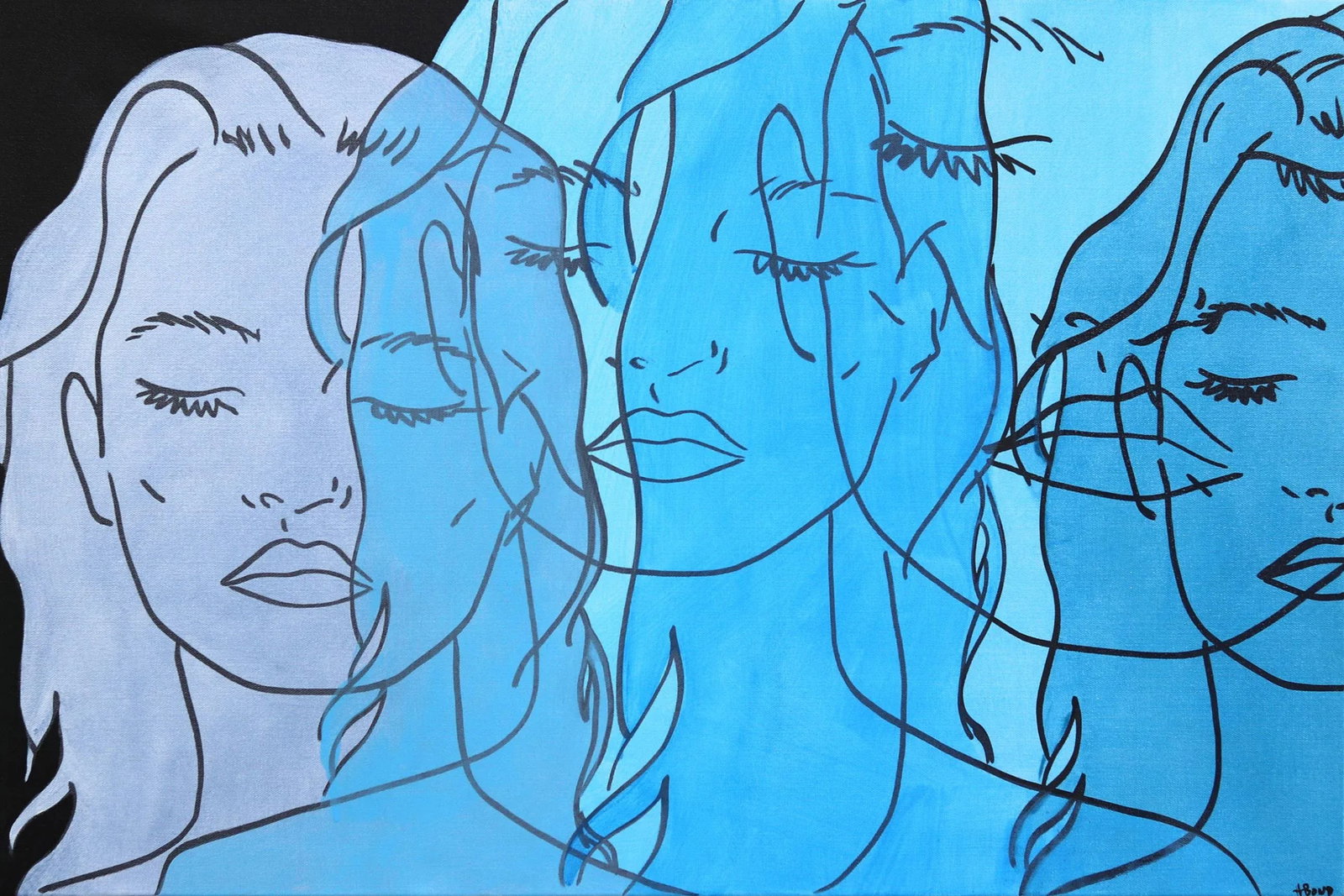 "Untitled (Like a Dream II)" Contemporary Minimalist Figurative Acrylic Painting by Hilary Bond: In bold, acrylic line paintings, US artist Hilary Bond depicts the heads and torsos of women, often repeating the image in overlapping compositions. Her contemporary groups of pop culture portraits an
