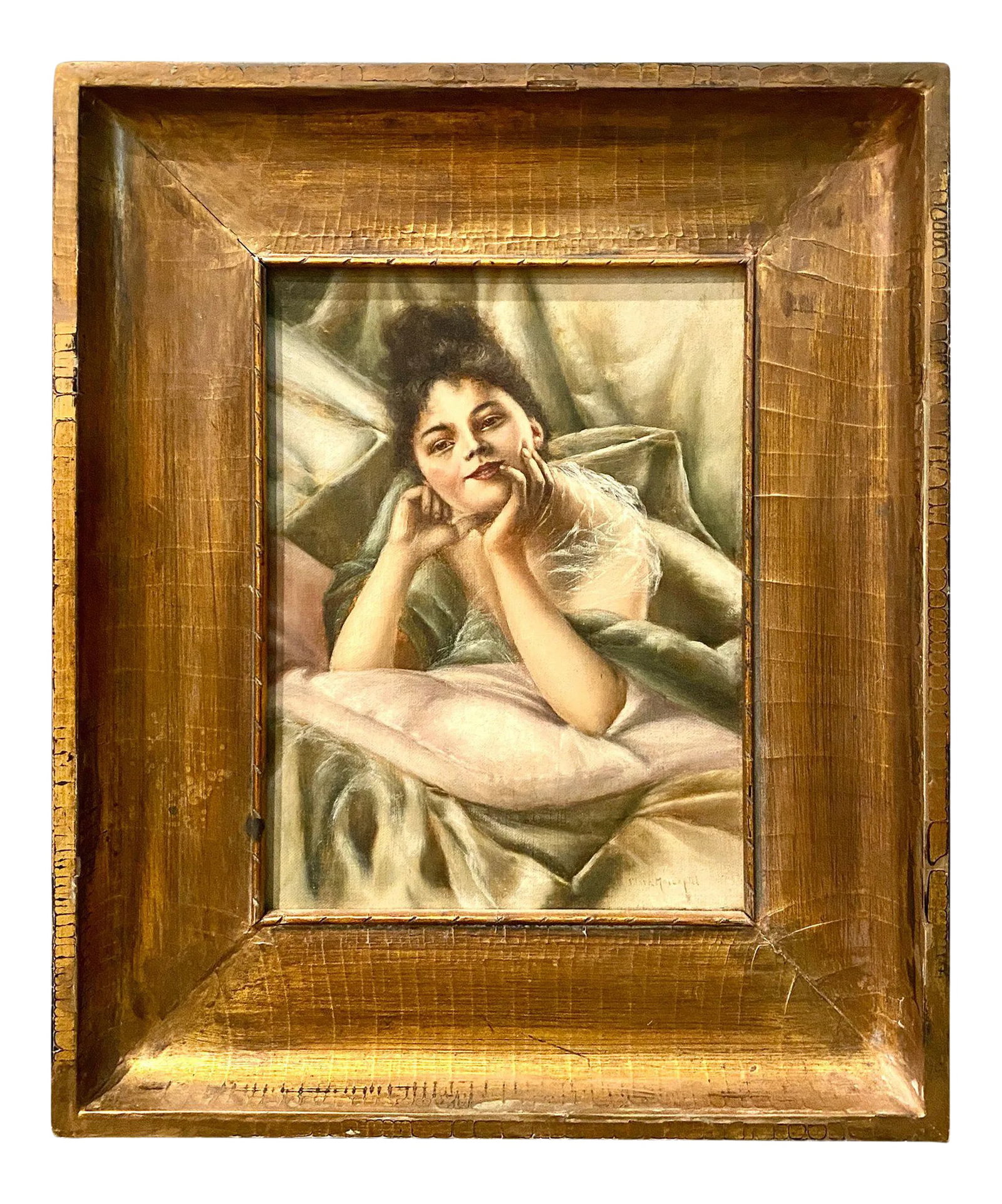 19th Century Continental School Portrait Painting of a Young Woman, Framed: A fine late 19th century oil on canvas depicting a lovely young woman with a wistful pose set within a boudoir. She is surrounded by pastel silk fabrics and pillows. The painting has an Impressionist 
