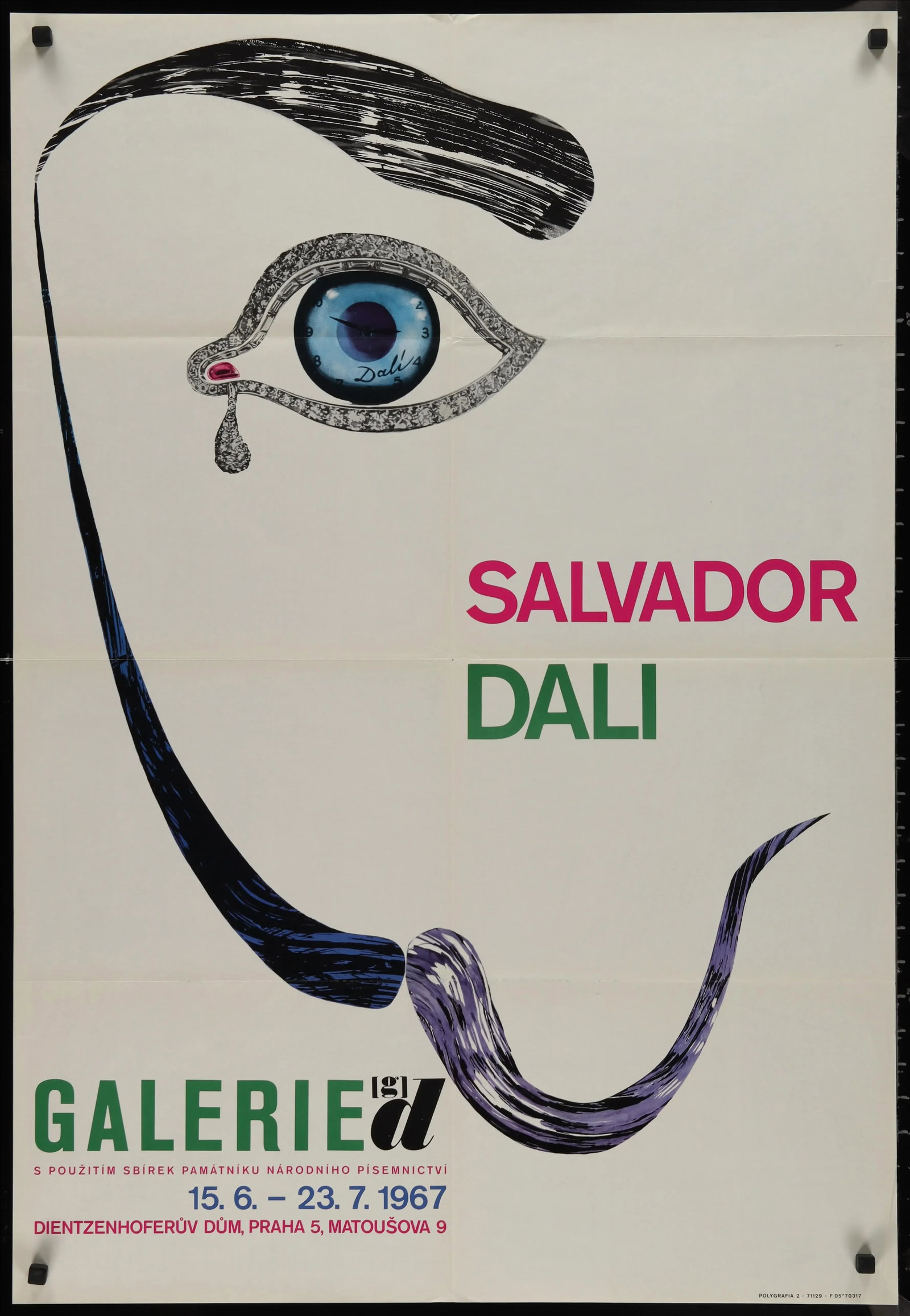 1967 "Salvador Dali Galerie Gd" Czechoslovakian Gallery Poster and Fold Out Brochure: "Salvador Dali Galerie D", the 1967 Czechoslovakian poster promoting an exhibition of the works of Salvador Dali which was held from June 15th to July 23rd, 1967 at the Galerie D in Prague,