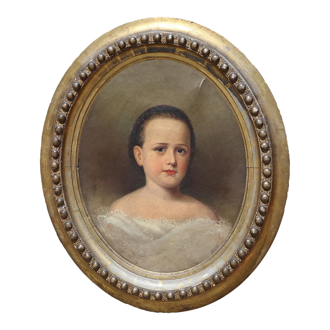 Early 20th Century Antique Oval Realistic Portrait of a Young Lady: Realist oval portrait of a young lady wearing a thin headband and a white garment. Unsigned. Prepared by Theodore Kelley (comes with another similar piece signed "Theo Kelley" at the back of the