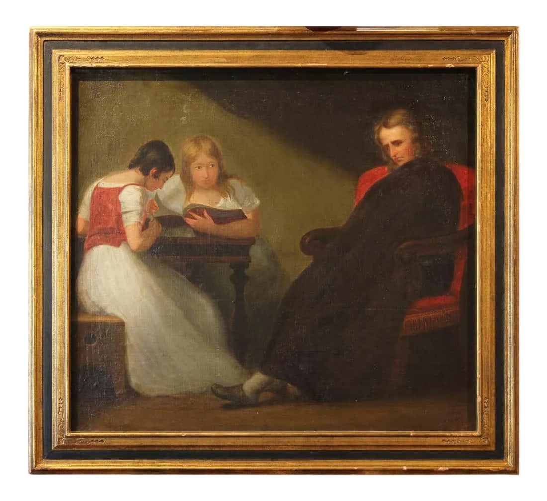 Late 19th Century Romantic Style Portrait Oil Painting of a Headmaster with Students, Framed: Scene of a seated headmaster watching over a pair of studying students in the style of Romanticism. The work has been attributed to the renowned American portrait artist Thomas Sully. Hung in a gold